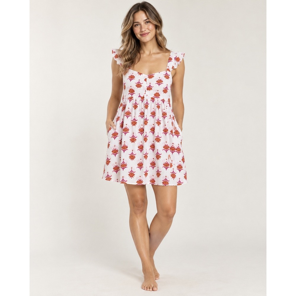 Linen Floral Mini Dress J.Crew Re-Imagined Size 10 Flutter Sleeve Pockets